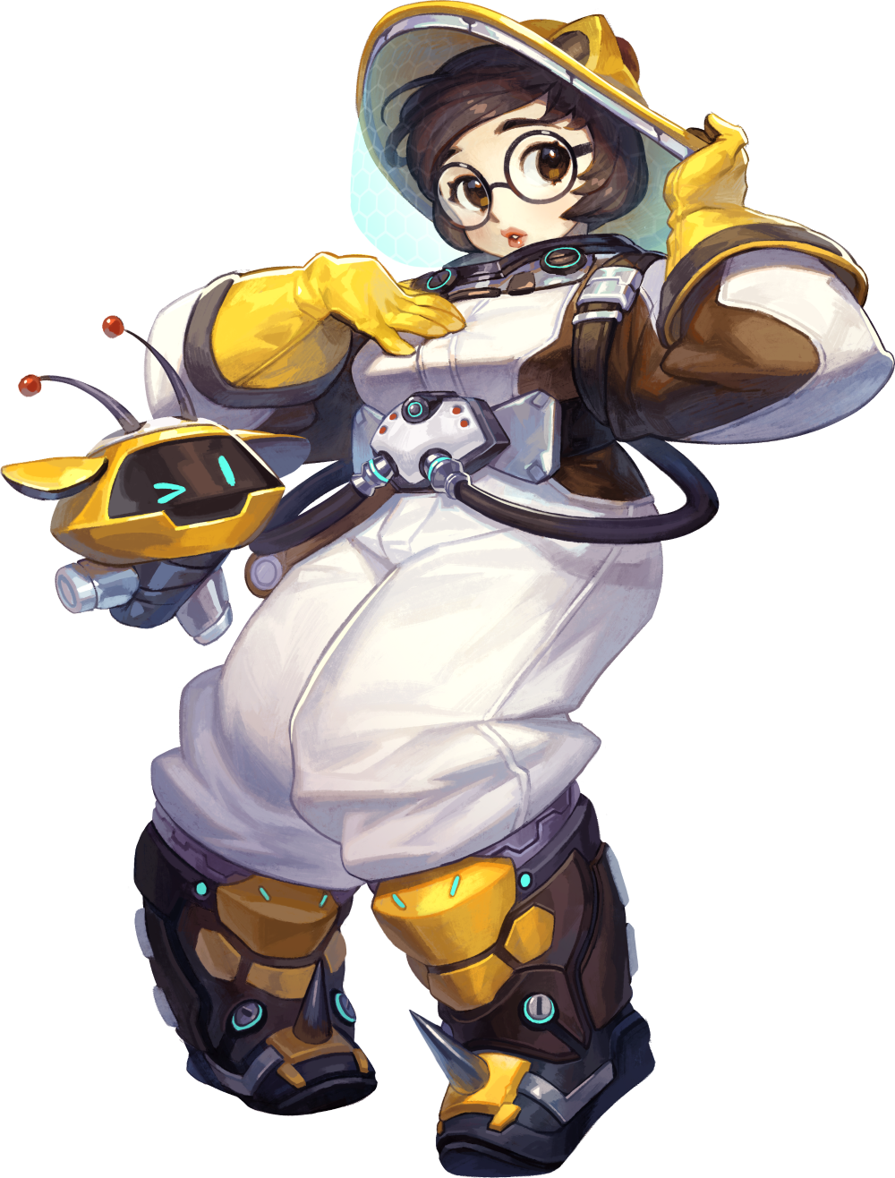 1girl, beekeeper_mei, black-framed_eyewear, boots, breasts, brown_boots, brown_eyes, brown_hair, canister, drone, elbow_gloves, female_focus, floating, full_body, gamza, glasses, gloves, hand_on_headwear, hand_on_own_chest, hands_up, helmet, highres, hose, knee_boots, legs_apart, lips, looking_at_viewer, machinery, mei_(overwatch), official_alternate_costume, overwatch, overwatch_1, parted_lips, pink_lips, robot, round_eyewear, shoes, snowball_(overwatch), solo, spiked_shoes, spikes, standing, swept_bangs, teeth, white_background, yellow_gloves