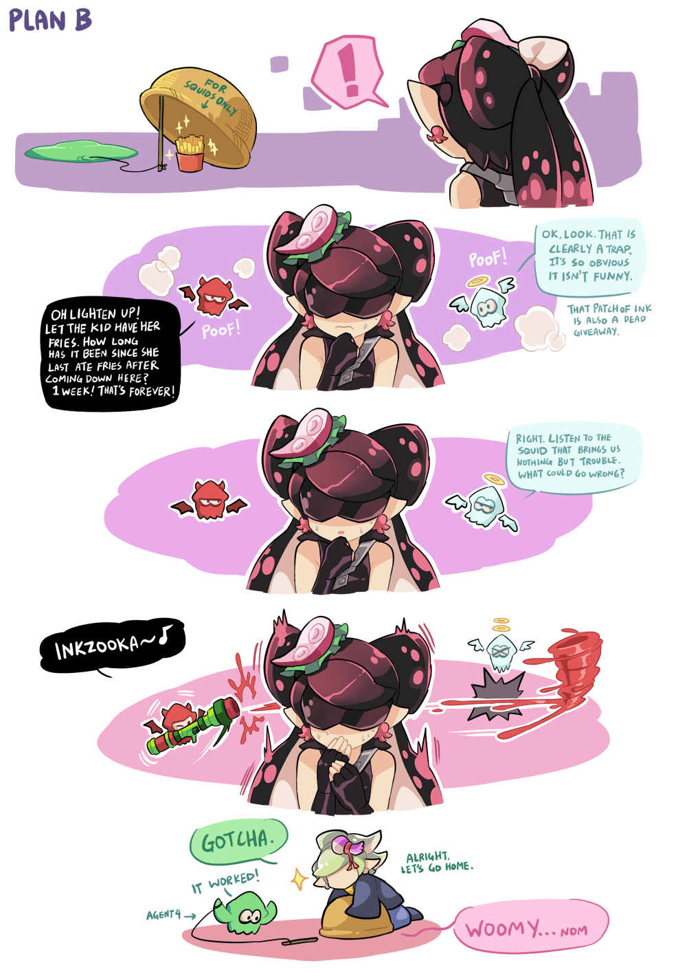 !, 2girls, agent_4_(splatoon), basket, black_gloves, black_hair, black_shirt, callie_(splatoon), catchphrase, closed_mouth, comic, commentary, cosplay, drop_trap, earrings, english_text, fingerless_gloves, food, food_on_head, french_fries, frown, gloves, gomipomi, halo, highres, horns, inkling, inkzooka_(splatoon), jewelry, marie_(kimono)_(splatoon), marie_(splatoon), multiple_girls, nintendo, object_on_head, pointy_ears, shirt, shoulder_angel, shoulder_devil, sleeveless, sleeveless_shirt, splatoon_(series), spoken_exclamation_mark, squid, sushi, sweatdrop, takozonesu_(cosplay), tentacle_hair