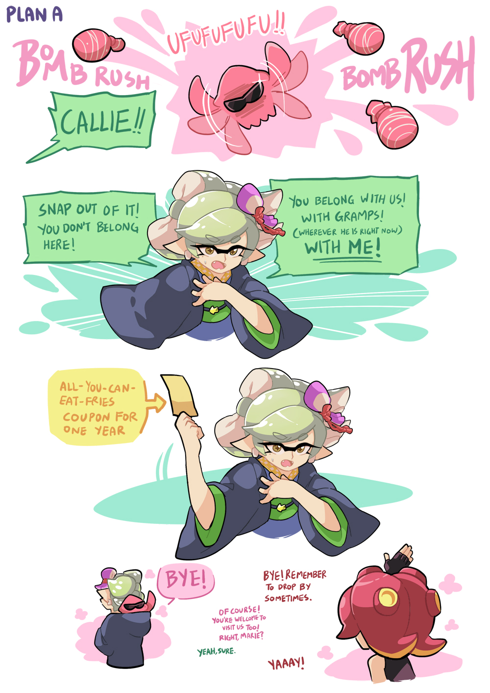 +_+, 2girls, blue_kimono, bomb_rush_(splatoon), brown_eyes, burst_bomb_(splatoon), callie_(splatoon), comic, commentary, english_text, fangs, fingerless_gloves, gloves, gomipomi, grey_hair, hair_ornament, highres, inkling, inkling_(swim_form), japanese_clothes, kimono, marie_(kimono)_(splatoon), marie_(splatoon), multiple_girls, nintendo, octoling, short_hair, splatoon_(series), splatoon_2, squid, sweatdrop, takozonesu, tentacle_hair, waving
