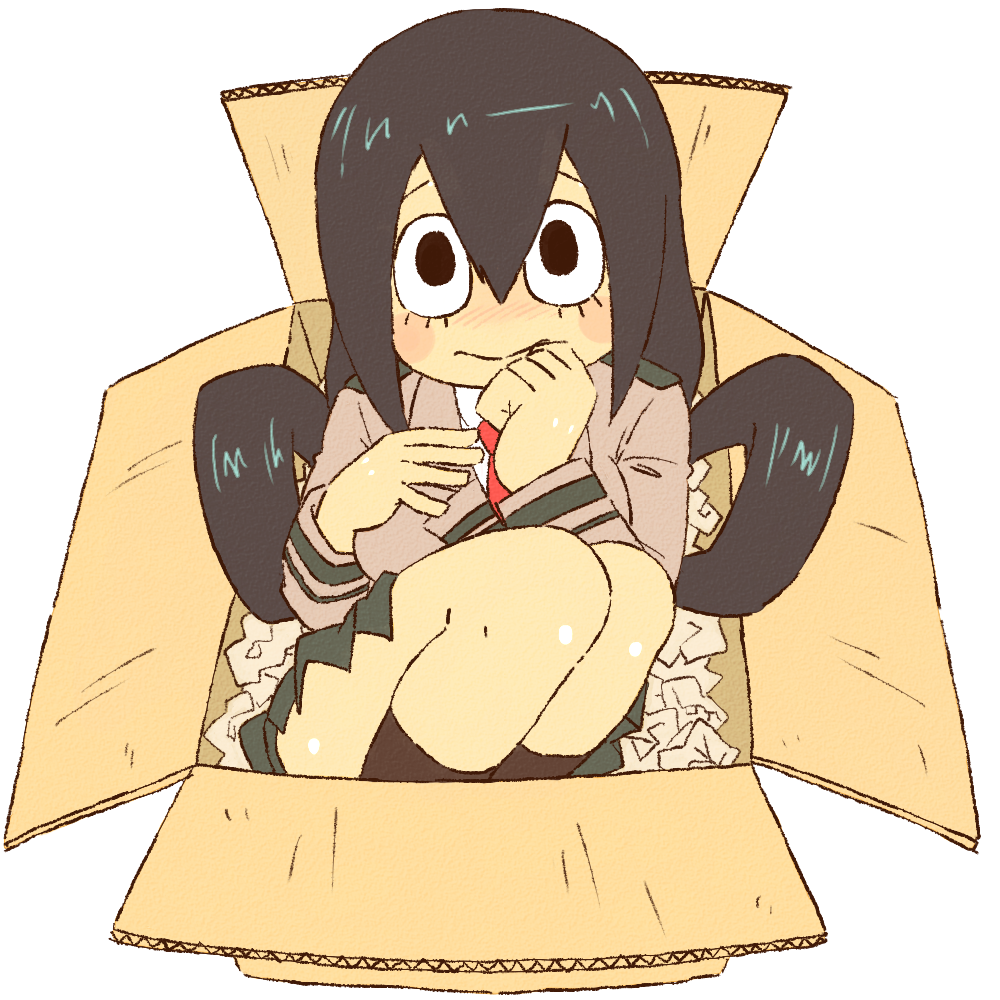 10s, asui_tsuyu, black_hair, blush, blush_stickers, boku_no_hero_academia, box, frog_girl, hair_rings, hand_on_own_chest, long_hair, looking_at_viewer, necktie, niwma_(myriad_revery), pleated_skirt, red_necktie, school_uniform, simple_background, skirt, solo, white_background