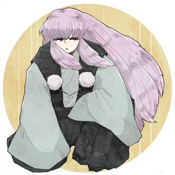 1boy, hukup, inuyasha, japanese_clothes, juuroumaru, lipstick, long_hair, makeup, male_focus, purple_hair, simple_background, solo, white_background