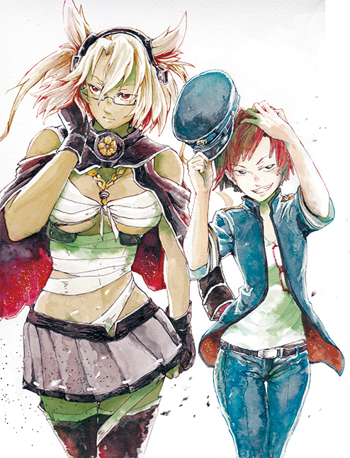 10s, 2girls, breasts, budget_sarashi, capelet, dark-skinned_female, dark_skin, eyewear_hang