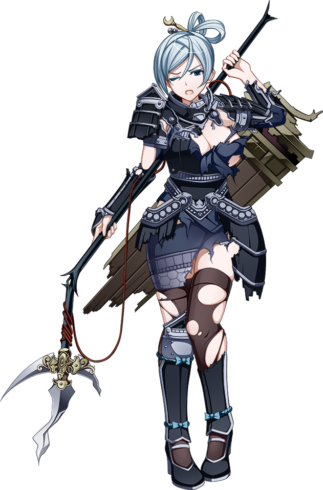 1girl, artist_request, blue_eyes, breasts, broken_spear, cleavage, full_body, gassantoda_(oshiro_project)