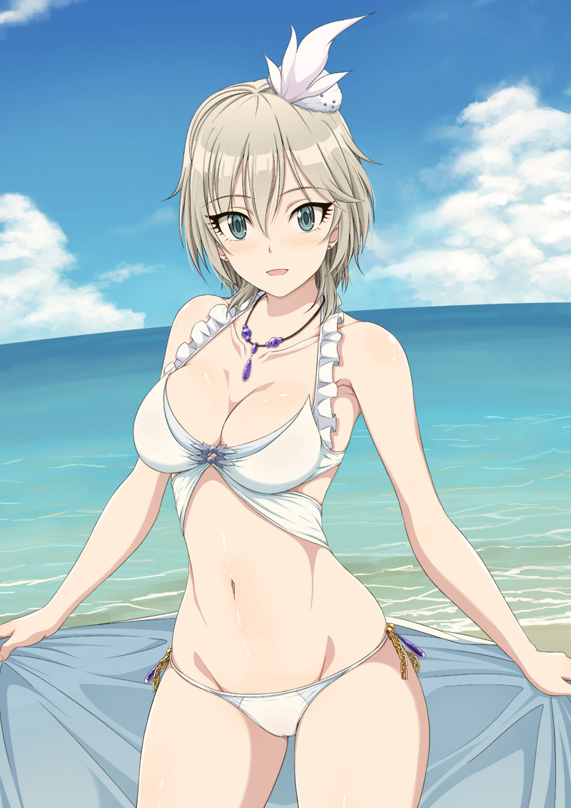 10s, 1girl, adapted_costume, anastasia_(idolmaster), beach, bikini, blue_eyes, breasts, cleavage, day, female_focus, hat, idolmaster, idolmaster_cinderella_girls, inoshira, jewelry, medium_breasts, navel, necklace, ocean, pure_white_memories, short_hair, silver_hair, smile, solo, swimsuit, white_bikini