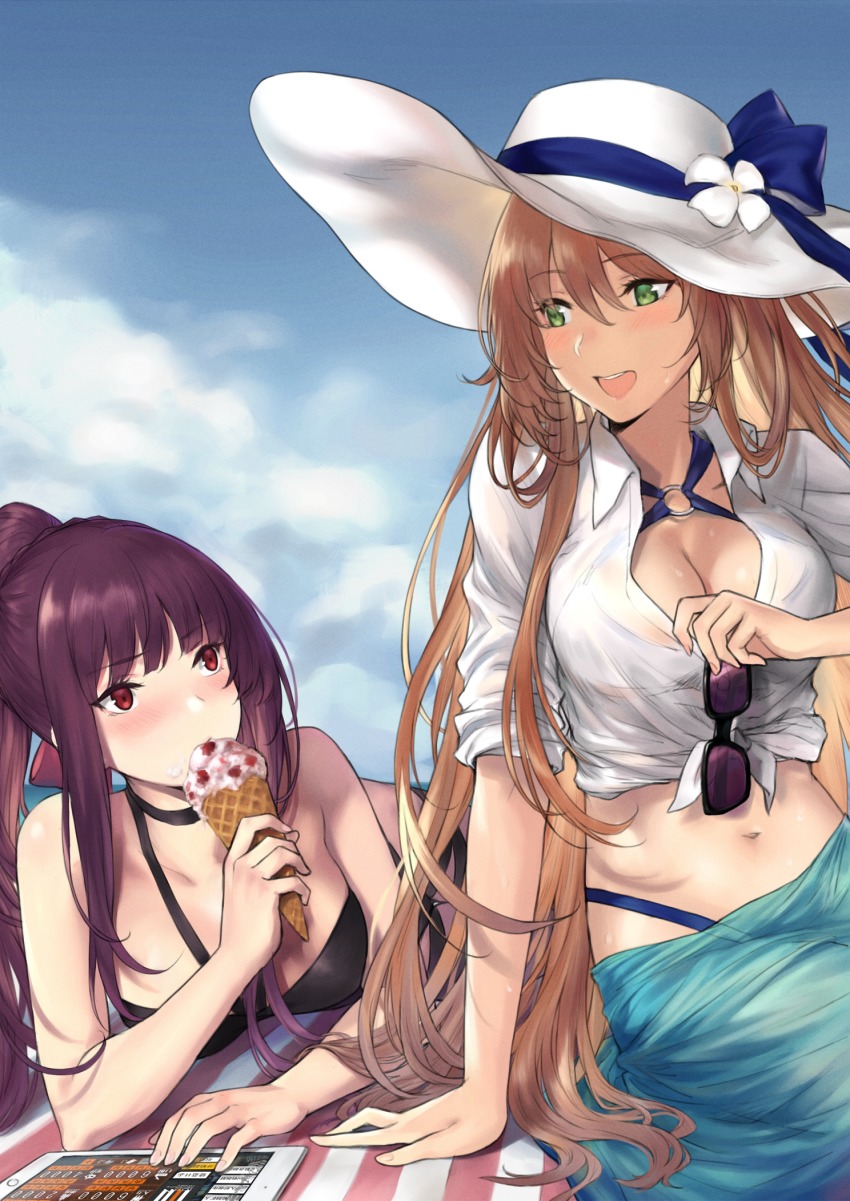 2girls, 3:, :d, arm_rest, arm_support, bare_arms, bare_shoulders, beach, bikini, black_bikini, black_choker, blonde_hair, blue_bikini, blue_sarong, blunt_bangs, blush, breasts, choker, cleavage, cloud, collared_shirt, core_(girls'_frontline), day, eating, eye_contact, eyewear_on_shirt, female_focus, food, girls'_frontline, green_eyes, hair_between_eyes, halterneck, hand_up, happy, hat, highres, holding, holding_food, ice_cream, large_breasts, leon_v, light_brown_hair, long_hair, looking_at_another, looking_down, looking_up, lying, medium_breasts, midriff, multiple_girls, navel, neck, o-ring, o-ring_bikini, o-ring_swimsuit, o-ring_top, official_alternate_costume, official_style, on_stomach, open_clothes, open_mouth, open_shirt, outdoors, ponytail, purple_hair, red_eyes, round_teeth, sarong, shirt, sidelocks, sitting, sky, sleeves_rolled_up, smile, springfield_(girls'_frontline), springfield_(stirring_mermaid)_(girls'_frontline), sun_hat, sunglasses, swimsuit, tablet_pc, teeth, tied_shirt, upper_teeth_only, very_long_hair, wa2000_(girls'_frontline), wa2000_(op._manta_ray)_(girls'_frontline), white_headwear, white_shirt