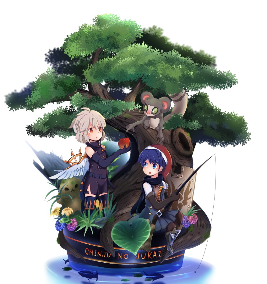 2girls, animal, blue_eyes, blue_hair, blush, brown_hair, buna_shimeji_(keymush), doremy_sweet