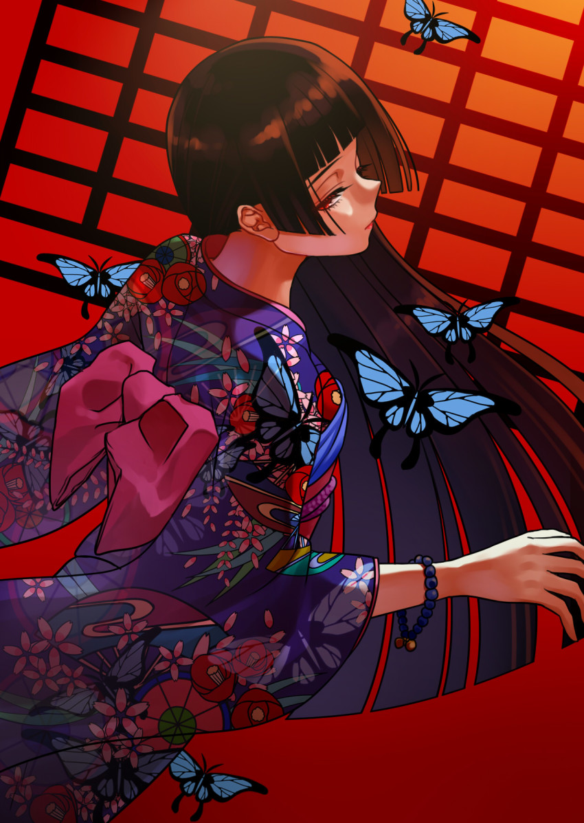 1girl, black_hair, bug, butterfly, enma_ai, female_focus, from_behind, highres