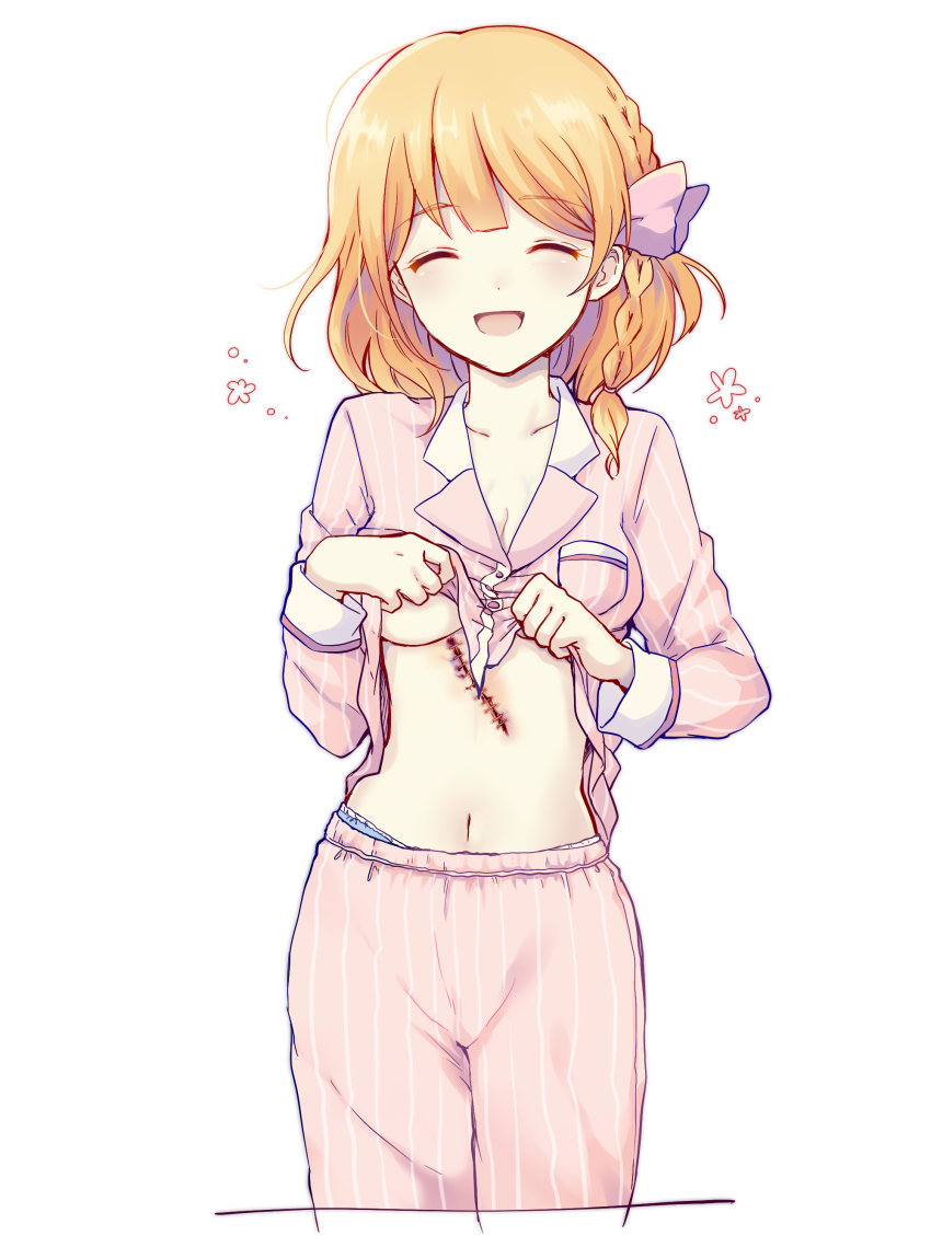 1girl, :d, ^_^, absurdres, blonde_hair, blue_panties, braid, breast_pocket, breasts, character_request, cleavage, closed_eyes, clothes_lift, commentary_request, cowboy_shot, cropped_legs, ensemble_girls!, facing_viewer, female_focus, hair_ribbon, highres, lifting_own_clothes, medium_breasts, navel, open_mouth, panties, pants, panty_peek, pocket, ribbon, scar, shirt_lift, short_hair, side_braid, simple_background, single_braid, smile, solo, sone_seira, stitches, striped, underboob, underwear, uranaishi_(miraura), vertical_stripes, white_background