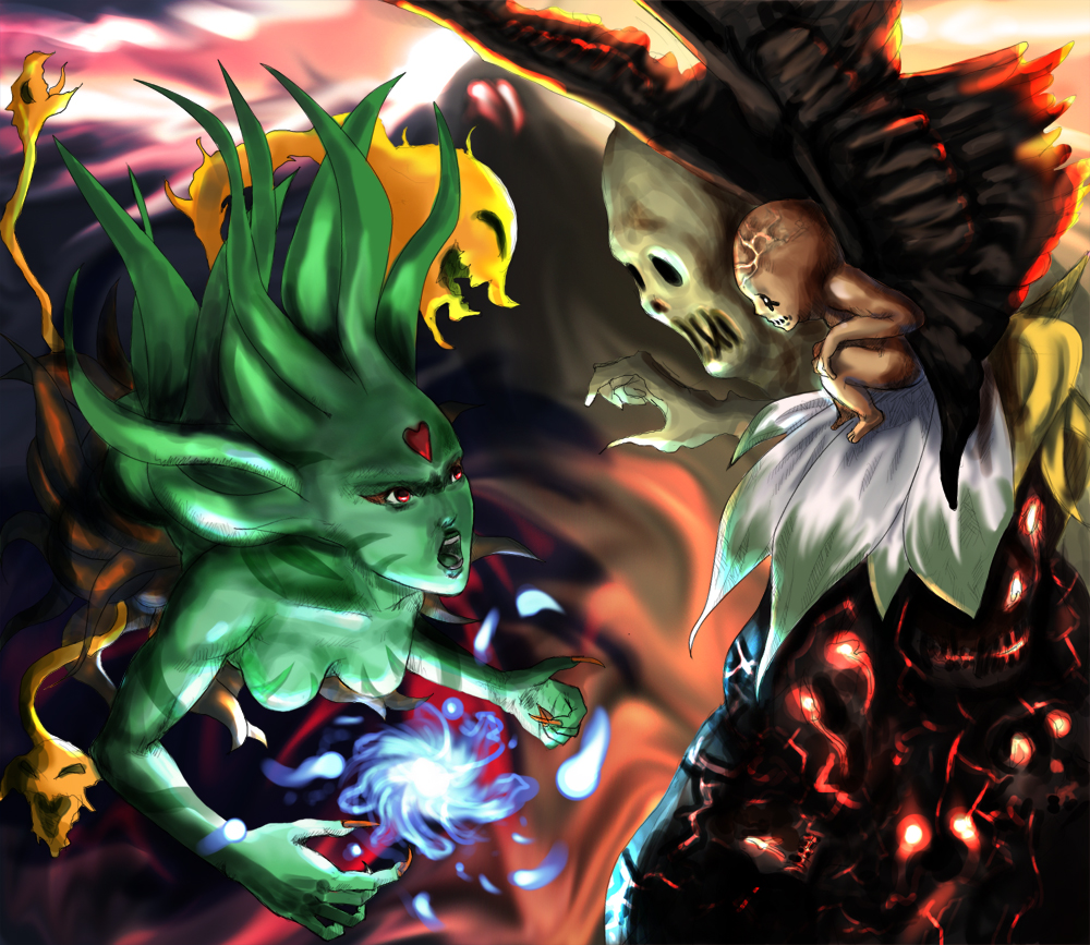 1990s_(style), 1girl, annotated, annotation_request, attack, claws, cloud_of_darkness, colored_skin, demon_king_odio, denim_(artist), denim_(boogee), final_fantasy, final_fantasy_iii, green_skin, live_a_live, magic, making-of_available, monster, open_mouth, red_eyes, wings