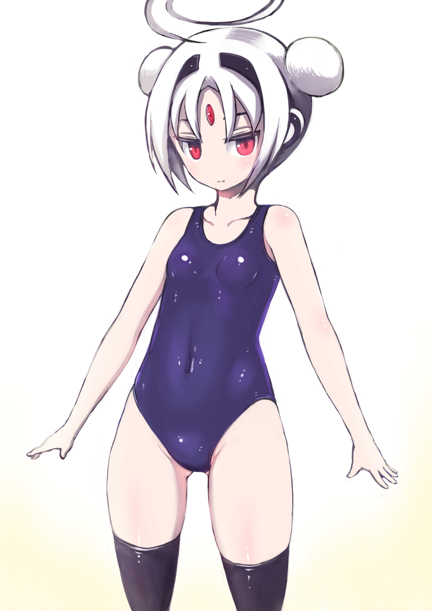 1girl, ahoge, alternate_hair_length, alternate_hairstyle, breasts, covered_navel, double_bun, female_focus, forehead_jewel, hair_bun, highres, huge_ahoge, johan_(johan13), one-piece_swimsuit, red_eyes, short_hair, small_breasts, solo, swimsuit, thighhighs, under_night_in-birth, vatista_(under_night_in-birth), white_hair