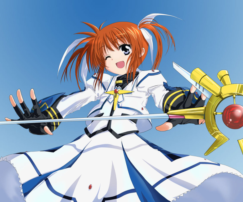 10s, 1girl, blue_eyes, brown_hair, female_focus, fingerless_gloves, gloves, hair_ribbon