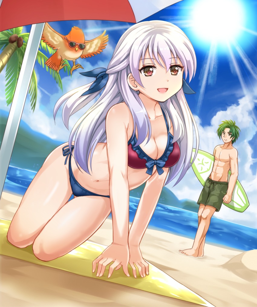 1boy, 1girl, :d, all_fours, beach, bikini, bird, blue_sky