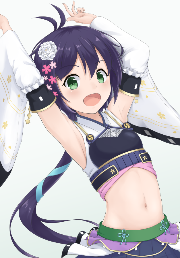 1girl, :d, antenna_hair, armpits, blue_hair, breasts, detached_sleeves, female_focus, flower, green_eyes, hair_flower, hair_ornament, long_hair, matsumoto_(oshiro_project), midoriyama_soma, midriff, navel, open_mouth, oshiro_project:re, small_breasts, smile, solo, very_long_hair, white_background