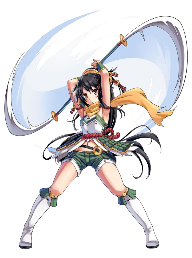 1girl, armor, armpits, black_hair, boots, breastplate, coin_hair_ornament, female_focus, from_below, full_body, green_shorts, hair_ornament, hairpin, high_heel_boots, high_heels, holding, holding_polearm, holding_spear, holding_weapon, iwabitsu_(oshiro_project), kekemotsu, long_hair, midriff, navel, official_art, orange_scarf, oshiro_project:re, polearm, ponytail, purple_eyes, scarf, short_shorts, shorts, sleeveless, solo, spear, spinning, transparent_background, very_long_hair, weapon, white_boots, white_legwear