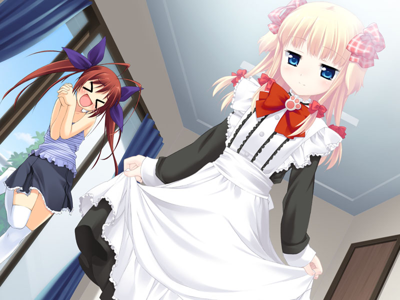 >_<, 2girls, :d, antenna_hair, blonde_hair, blue_eyes, blush, bow