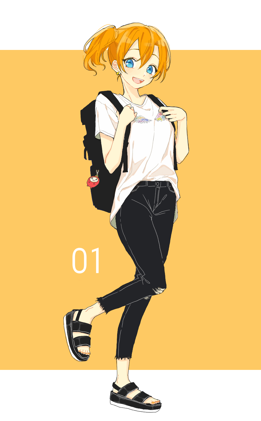 1girl, :d, alternate_hairstyle, azuma_(no488888), backpack, bag, bag_charm, black_pants