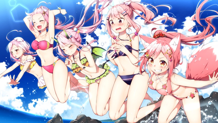 5girls, ahoge, animal_ears, bad_id, bad_pixiv_id, beach, bikini, blue_sky