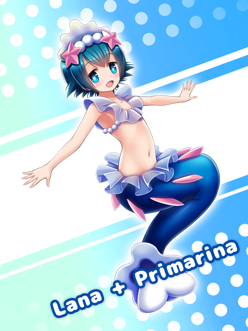 1girl, absurdres, armpits, arms_up, bare_shoulders, blue_background, blue_eyes, blue_hair, bluebird_(bluebird90), blush, character_name, child, collarbone, cosplay, english_text, female_focus, flat_chest, full_body, gem, hair_ornament, half-closed_eyes, happy, highres, lana_(pokemon), looking_at_viewer, matching_hair/eyes, mermaid, mermaid_costume, monster_girl, navel, nintendo, open_mouth, outstretched_arms, pearl_(gemstone), pokemon, pokemon_sun_and_moon, primarina_(cosplay), shiny_skin, short_hair, simple_background, smile, solo, starfish, tail, text_focus
