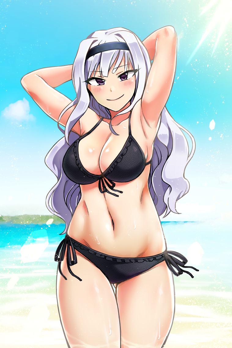 1girl, arms_up, beach, bikini, black_bikini, black_eyes, black_hairband, breasts