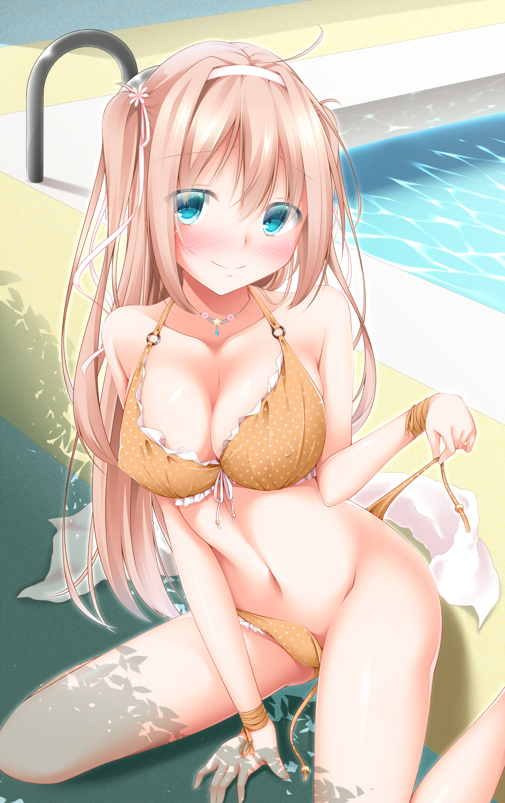 1girl, bikini, blue_eyes, blush, breasts, brown_hair, cleavage, collarbone