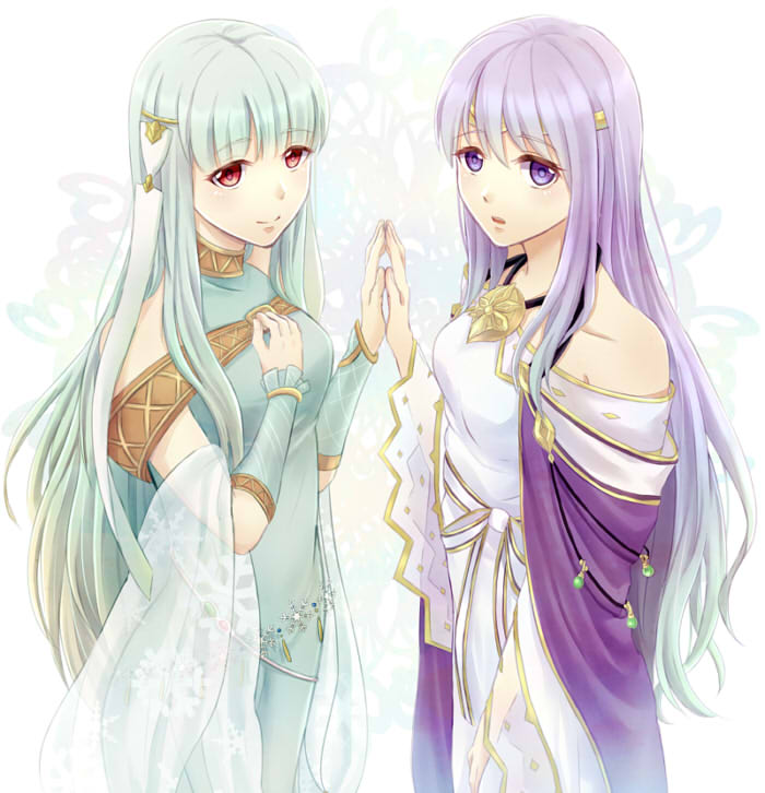 2girls, bare_shoulders, blue_hair, dress, fire_emblem, fire_emblem:_genealogy_of_the_holy_war, fire_emblem:_the_blazing_blade, julia_(fire_emblem)