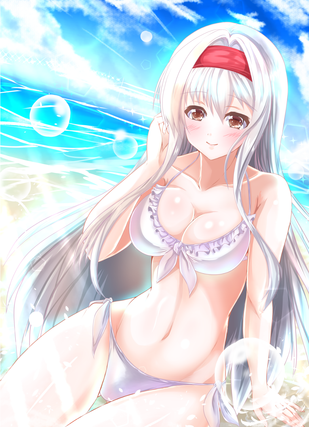 10s, 1girl, beach, bikini, breasts, cleavage, day, female_focus