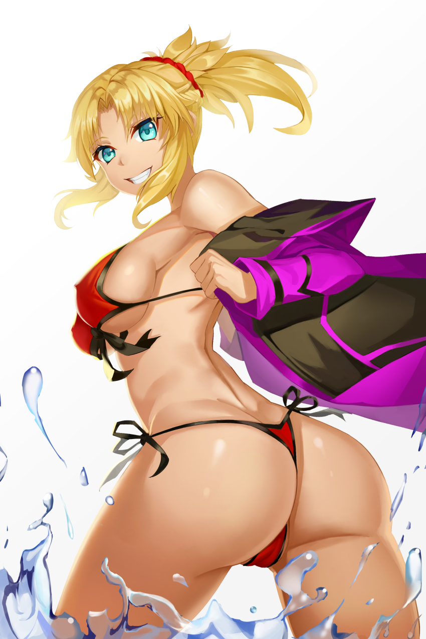 1girl, absurdres, aqua_eyes, arched_back, ass, bikini, breasts, cameltoe