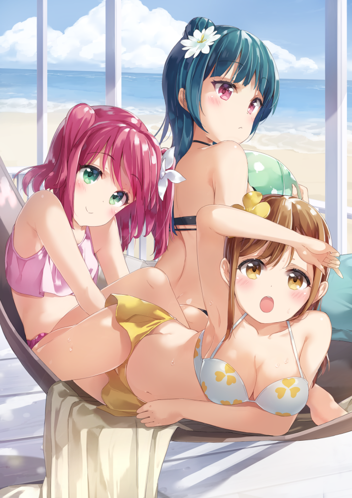 10s, 3girls, back, ball, beach, beachball, bikini, bikini_skirt