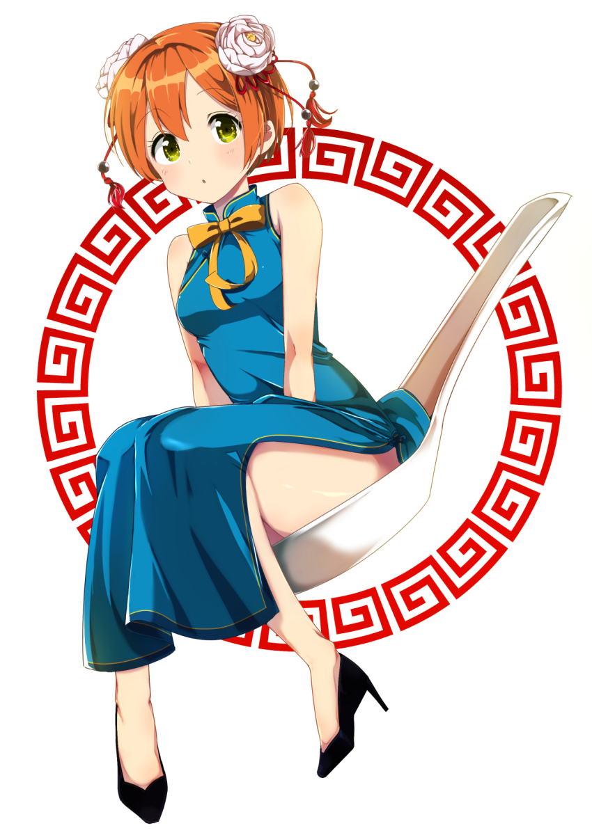 1girl, black_shoes, blue_dress, blush, bow, bowtie, china_dress, chinese_clothes, chinese_spoon, dress, female_focus, flower, green_eyes, hair_flower, hair_ornament, hands_on_lap, high_heels, highres, hoshizora_rin, in_spoon, knees_together_feet_apart, looking_at_viewer, love_live!, love_live!_school_idol_festival, love_live!_school_idol_project, meandros, orange_hair, shoes, short_hair, side_slit, simple_background, sitting, sleeveless, sleeveless_dress, solo, spoon, tassel, white_background, white_shoes, yellow_bow, yellow_bowtie, yuama