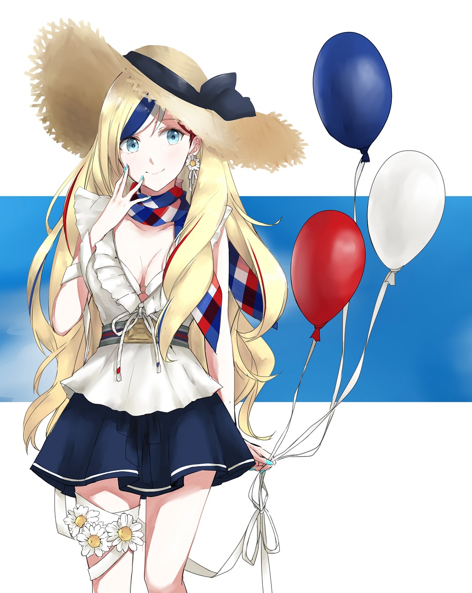 10s, 1girl, balloon, belt, blonde_hair, blue_eyes, blue_nails, bra, breasts, closed_mouth, collarbone, commandant_teste_(kancolle), commandant_teste_(summer)_(kancolle), earrings, female_focus, finger_to_mouth, grey_belt, hat, jewelry, kantai_collection, long_hair, looking_at_viewer, medium_breasts, morinaga_miki, multicolored_hair, multicolored_scarf, nail_polish, pleated_skirt, scarf, skirt, sky, smile, solo, sun_hat, thigh_strap, underwear, white_background, white_bra