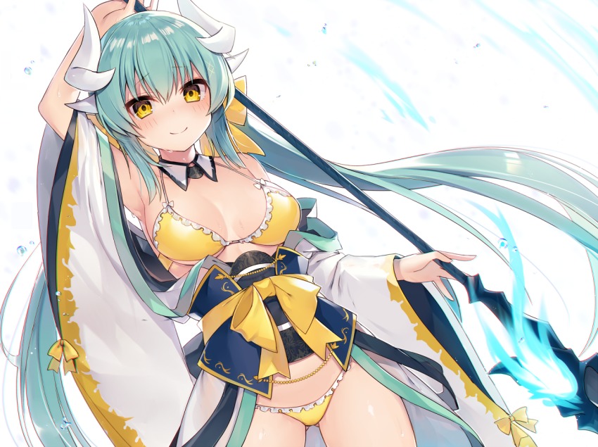 1girl, aqua_hair, arm_up, armpits, bikini, blush, breasts, closed_mouth