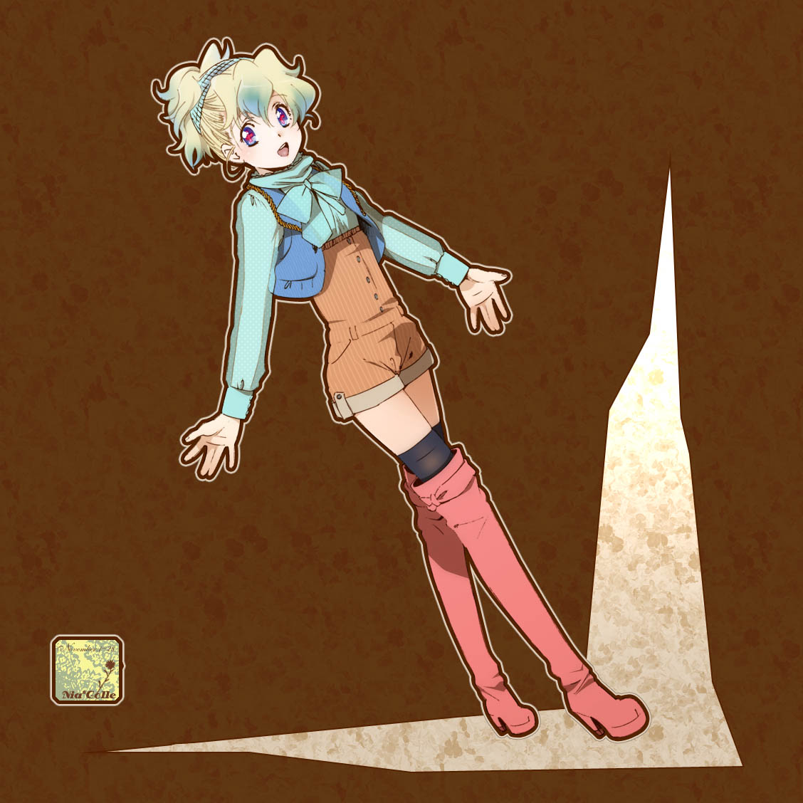 00s, 1girl, \||/, bad_id, bad_pixiv_id, black_thighhighs, blouse, blue_shirt, boots, bow, double_\||/, fashion, female_focus, high-waist_shorts, high_heel_boots, high_heels, multicolored_hair, nia_colle, nia_teppelin, overalls, pink_boots, ponytail, shirt, short_shorts, shorts, smile, solo, tengen_toppa_gurren_lagann, thigh_boots, thighhighs, vest, yukimitsuki