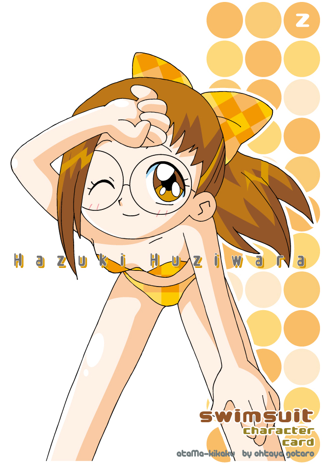 1990s_(style), 1girl, arm_above_head, artist_name, bad_id, bad_pixiv_id, bandeau, bandeau_bikini, bikini, blush, bow, brown_eyes, brown_hair, character_name, checkered_bikini, checkered_bow, checkered_clothes, checkered_pattern, child, circle_name, collarbone, copyright_name, female_focus, fujiwara_hazuki, glasses, hair_bow, hair_ornament, hair_ribbon, hand_on_own_knee, kunreishiki, leaning_forward, light_blush, long_hair, looking_at_viewer, matching_hair/eyes, ohtaya55, ojamajo_doremi, one_eye_closed, orange_bikini, ponytail, retro_artstyle, ribbon, romaji_text, round_eyewear, shiny_skin, smile, solo, swimsuit, text_focus, wink