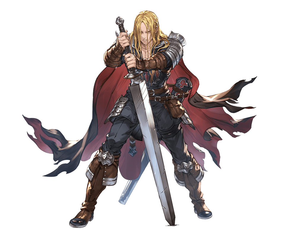 10s, 1boy, belt, boots, cape, full_body, granblue_fantasy, long_hair, lucius_(granblue_fantasy), male_focus, minaba_hideo, official_art, solo, sword, teeth, transparent_background, weapon, yellow_eyes