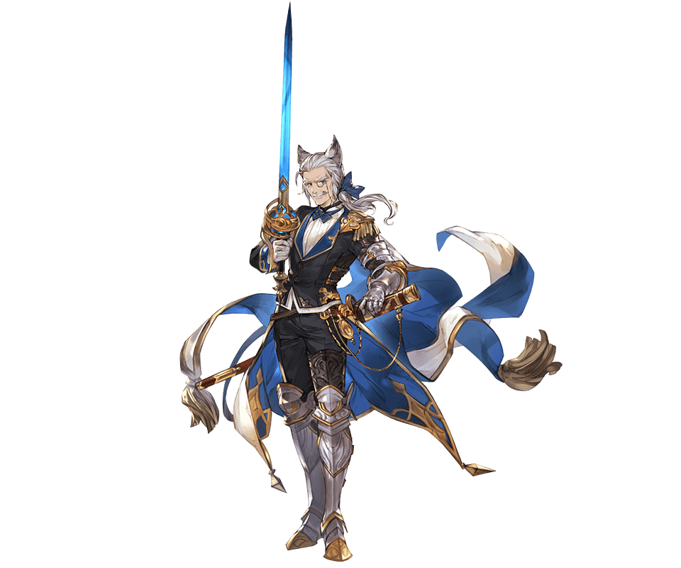 10s, 1boy, animal_ears, armor, armored_boots, boots, bow, bowtie, erune, facial_hair, full_body, gloves, granblue_fantasy, grey_hair, holding, holding_sword, holding_weapon, long_hair, low_ponytail, male_focus, minaba_hideo, monocle, mustache, official_art, ponytail, scabbard, sevastien_(granblue_fantasy), sheath, solo, sword, transparent_background, weapon