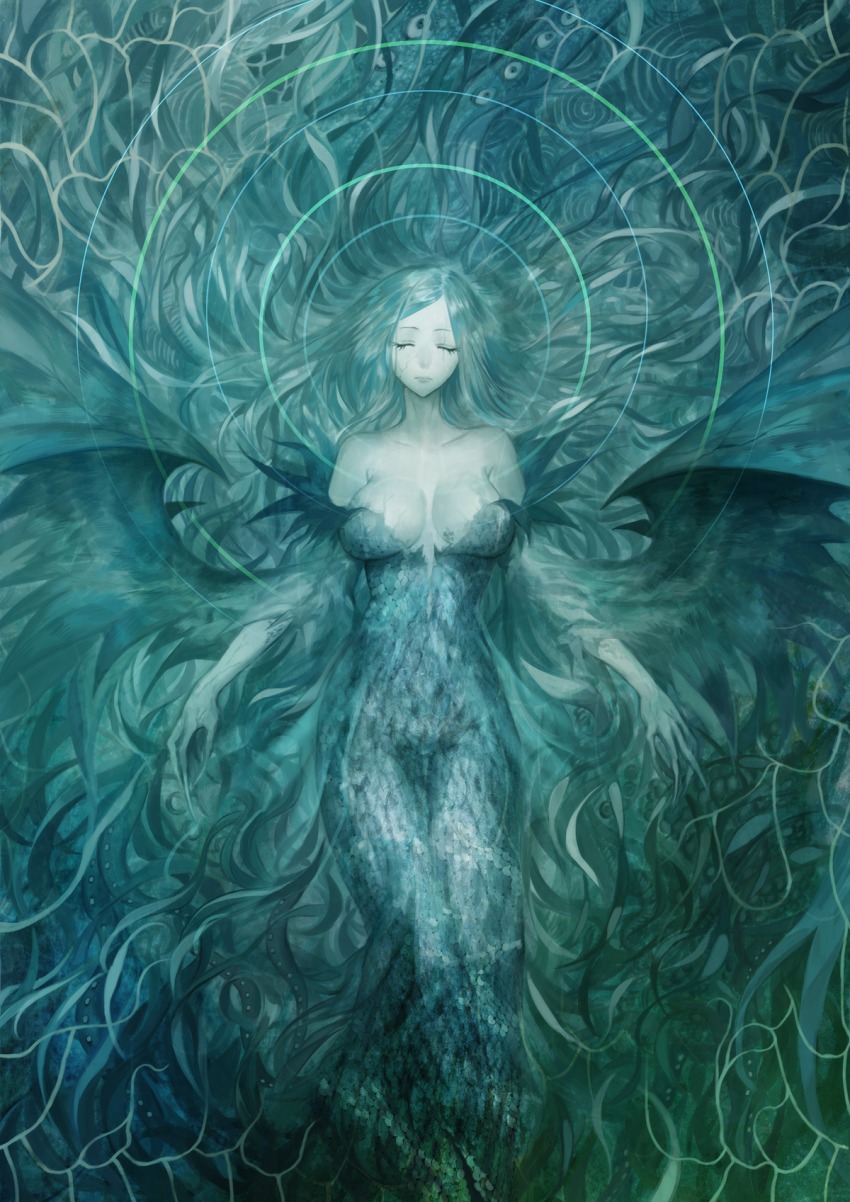 1girl, apt, aqua_hair, arms_at_sides, bare_shoulders, breasts, closed_eyes, collarbone