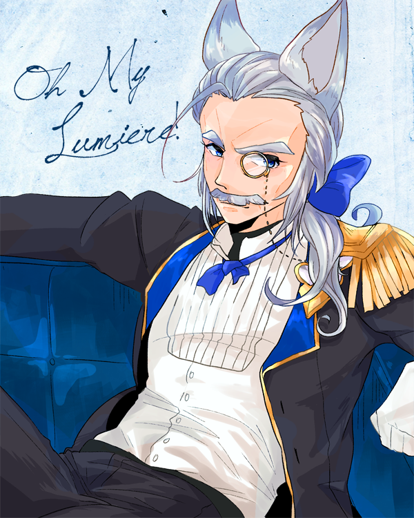 10s, 1boy, akunatta, animal_ears, blue_eyes, bow, bowtie, couch, epaulettes, erune, facial_hair, gloves, granblue_fantasy, grey_hair, long_hair, low_ponytail, male_focus, monocle, mustache, ponytail, sevastien_(granblue_fantasy), sitting, solo