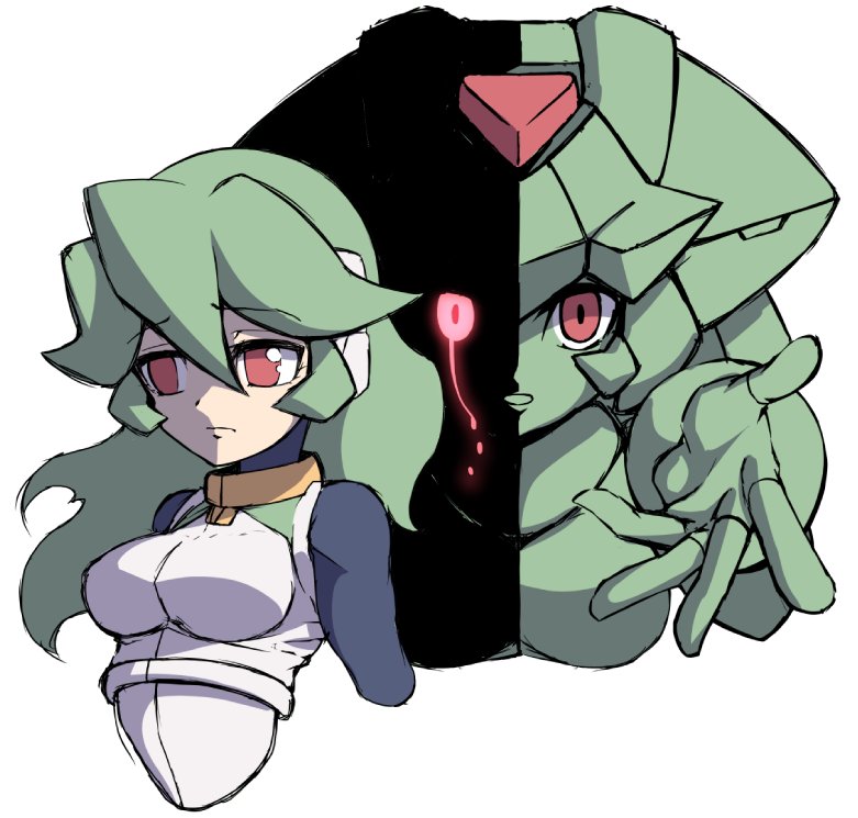 android, breasts, glowing_eye, green_hair, helmet, long_hair, pandora_(mega_man), red_eyes