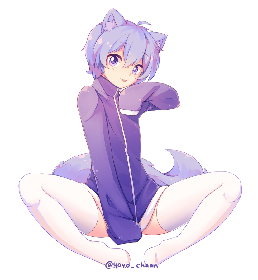 1boy, :3, :p, ahoge, animal_ears, bottomless, cat_boy, cat_ears, cat_tail, cookie_run, full_body, light_purple_hair, long_sleeves, looking_at_viewer, male_focus, peppermint_cookie, purple_eyes, simple_background, sleeves_past_wrists, smile, solo, tail, thighhighs, tongue, tongue_out, twitter_username, white_background, white_thighhighs, yoyochaan