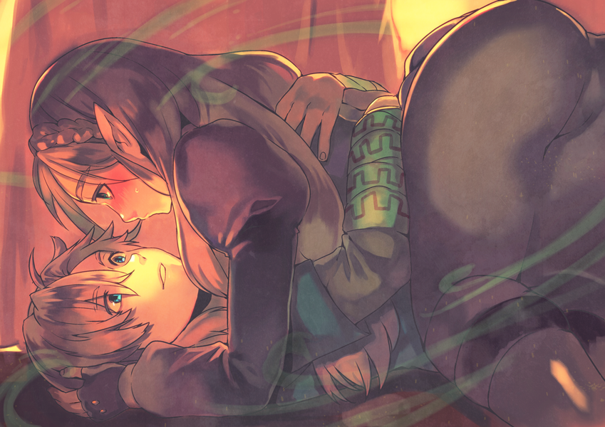 1boy, 1girl, ass, blonde_hair, blue_eyes, blush, braid, couple, crown_braid, eye_contact, fingerless_gloves, girl_on_top, gloves, hetero, hug, link, long_hair, looking_at_another, lying, nintendo, on_back, pointy_ears, princess_zelda, satounu, smile, sweat, the_legend_of_zelda, the_legend_of_zelda:_breath_of_the_wild