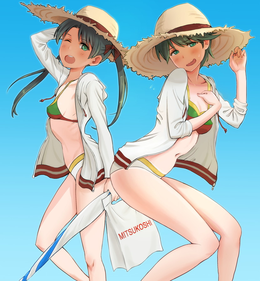 10s, 2girls, bag, bikini, blue_background, closed_umbrella, embarrassed, gradient_background, green_eyes, green_hair, h_k_white, hat, jacket, kantai_collection, long_hair, matching_outfits, mikuma_(kancolle), mitsukoshi, mogami_(kancolle), multiple_girls, one_eye_closed, shopping_bag, short_hair, sun_hat, swimsuit, twintails, umbrella, wavy_mouth, white_jacket