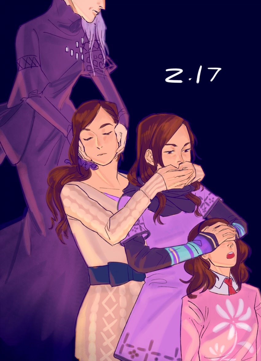 age_progression, aged_down, aged_up, brown_eyes, brown_hair, closed_eyes, covering_own_ears, covering_own_mouth, dated, dress, highres, kyokugen_dasshutsu, kyokugen_dasshutsu_adv:_zennin_shibou_desu, kurashiki_akane, open_mouth, purple_dress, rinny, three_monkeys, white_hair, zero_escape:_toki_no_dilemma