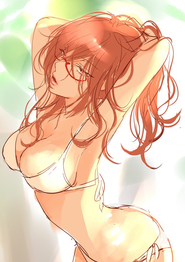 1girl, armpits, arms_up, bikini, bokura_wa_minna_kawaisou, breasts, brown_eyes, brown_hair, cowboy_shot, female_focus, glasses, half-closed_eyes, lips, matching_hair/eyes, miyahara_ruri, nishikino_mayumi, parted_lips, red-framed_eyewear, semi-rimless_eyewear, side-tie_bikini_bottom, solo, swimsuit, under-rim_eyewear, white_bikini