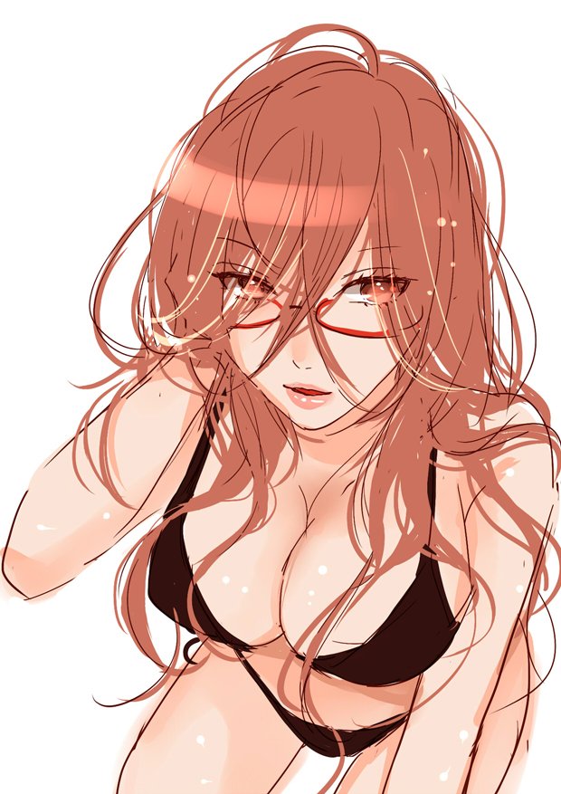 1girl, bikini, black_bikini, bokura_wa_minna_kawaisou, breasts, brown_eyes, brown_hair, female_focus, glasses, looking_at_viewer, miyahara_ruri, nishikino_mayumi, red-framed_eyewear, solo, swimsuit