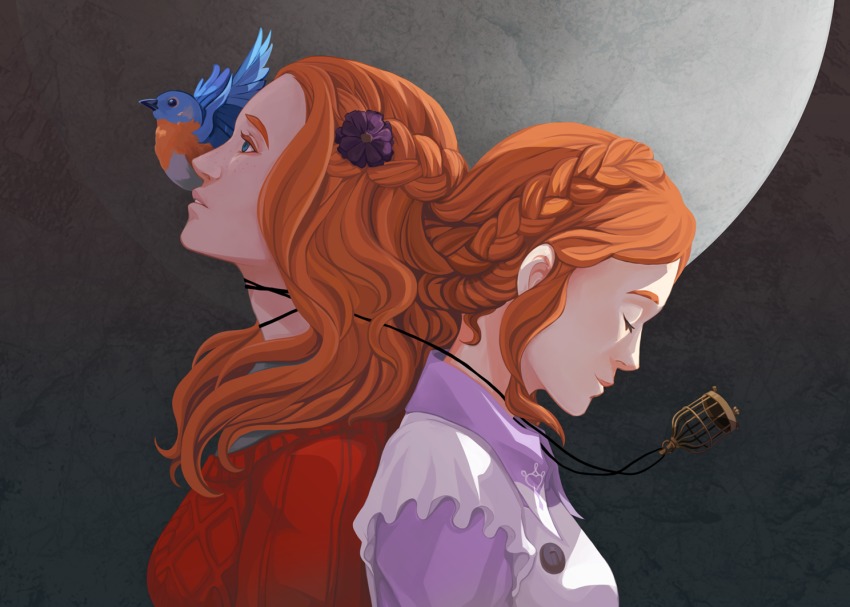 2girls, back-to-back, bird, blue_eyes, bluebird, braid, crown_braid, diana_(kyokugen_dasshutsu)