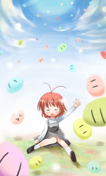 00s, 1girl, antenna_hair, blush, brown_hair, clannad, dango, dango_daikazoku