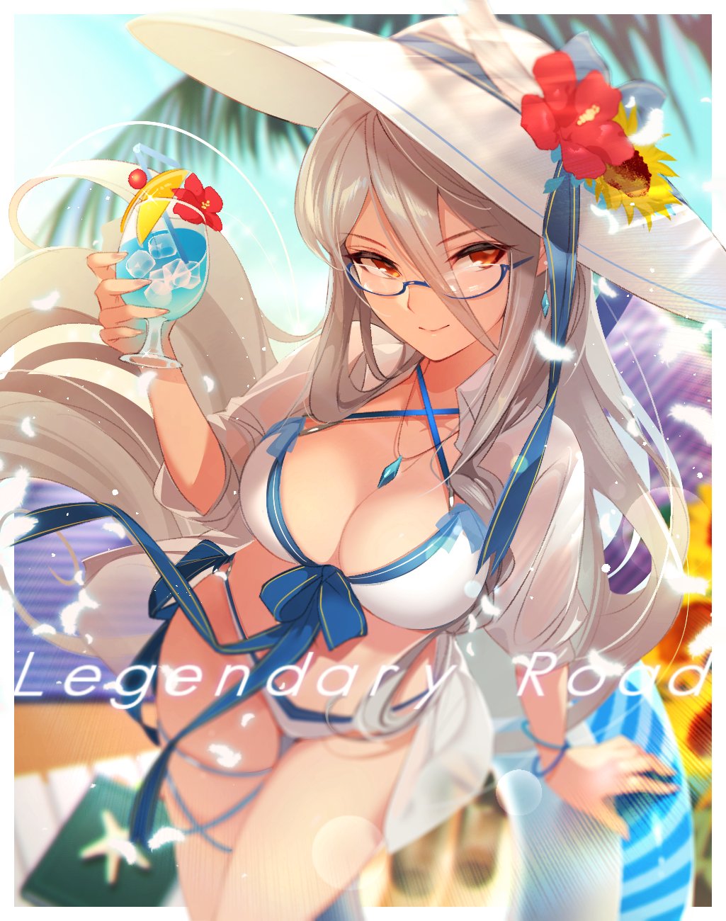 1girl, bemani, bikini, blue-framed_eyewear, blue_sky, blurry, bracelet, breasts