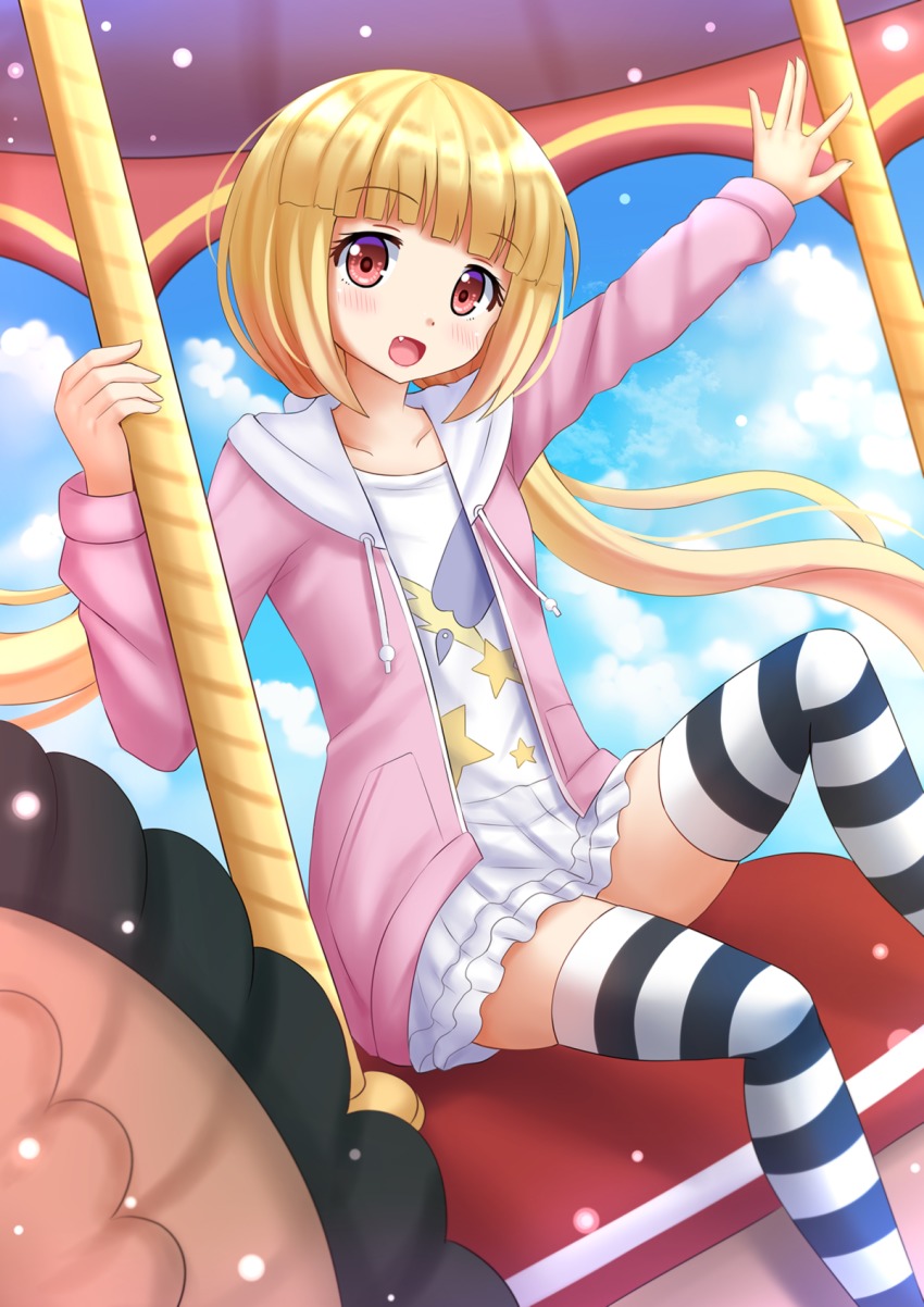 10s, 1girl, :d, alice_to_zouroku, blonde_hair, blue_sky, brown_eyes, carousel