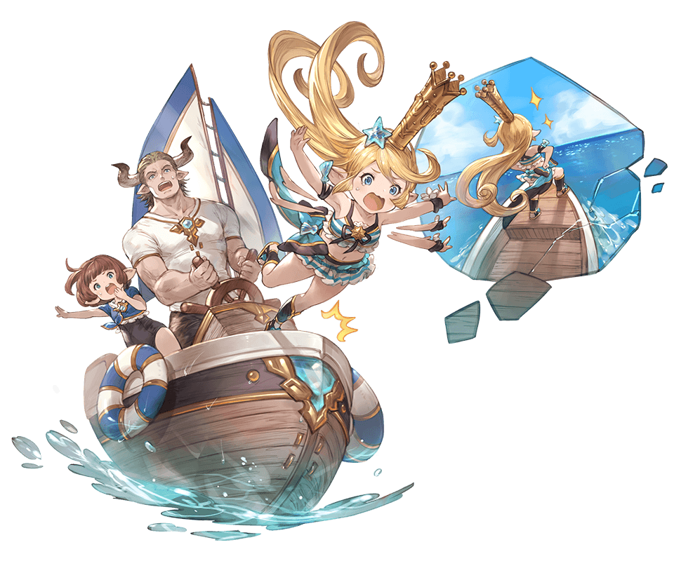10s, baotorda_(granblue_fantasy), bikini, bikini_skirt, boat, bridgette_(granblue_fantasy), charlotta_(granblue_fantasy), charlotta_(summer)_(granblue_fantasy), day, granblue_fantasy, hair_ornament, harvin, innertube, minaba_hideo, official_art, on_boat, one-piece_swimsuit, outdoors, starfish_hair_ornament, swim_ring, swimsuit, transparent_background, watercraft