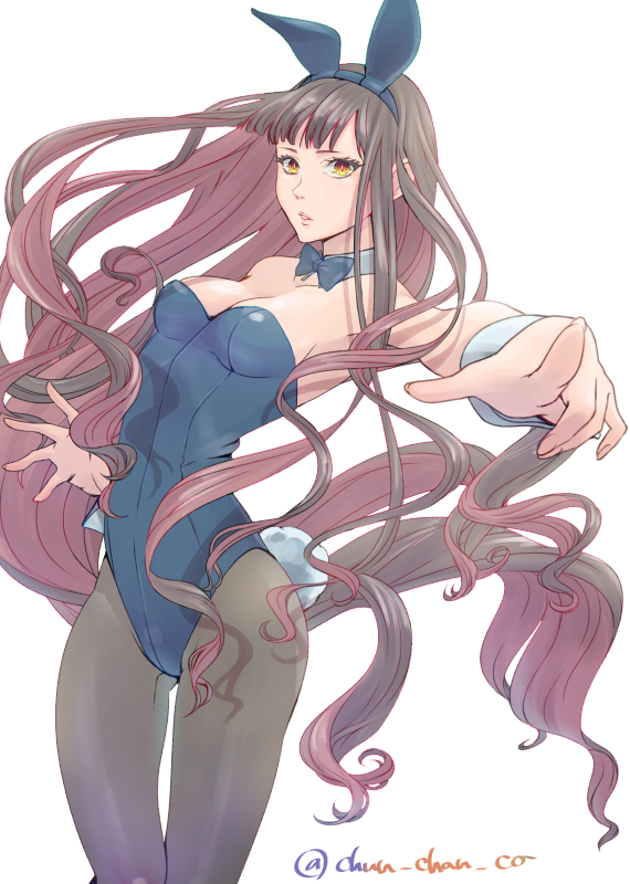 1girl, animal_ears, black_bow, black_bowtie, black_hair, black_leotard, bow, bowtie, chun_chan_co, detached_collar, fake_animal_ears, female_focus, foreshortening, leotard, long_hair, looking_at_viewer, multicolored_hair, original, pantyhose, pink_hair, playboy_bunny, rabbit_ears, rabbit_tail, simple_background, solo, strapless, strapless_leotard, tail, twitter_username, two-tone_hair, very_long_hair, white_background, wrist_cuffs